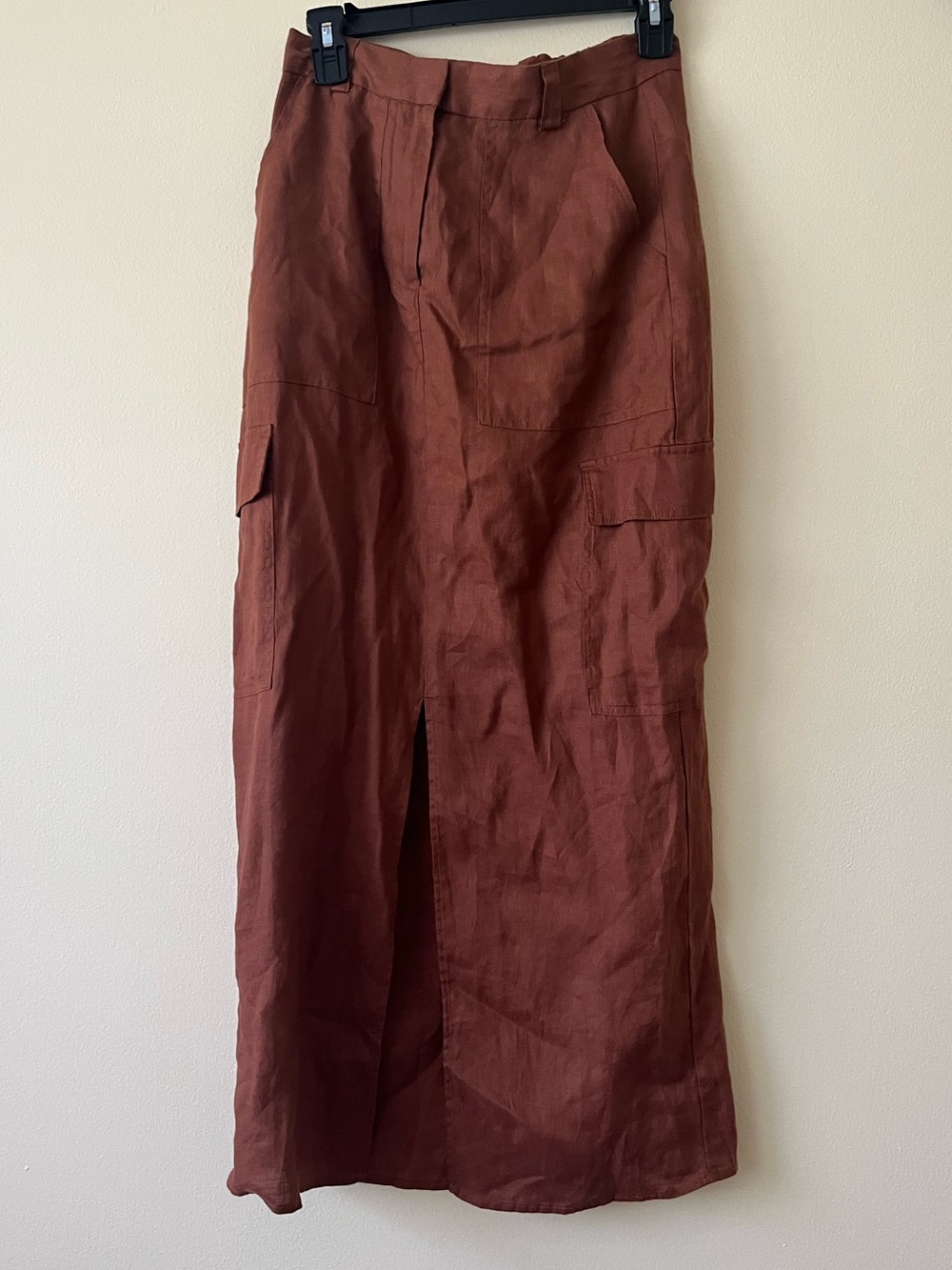Magaschoni Linen Cargo Midi Skirt Front Slit Size 2 in Rust Brown